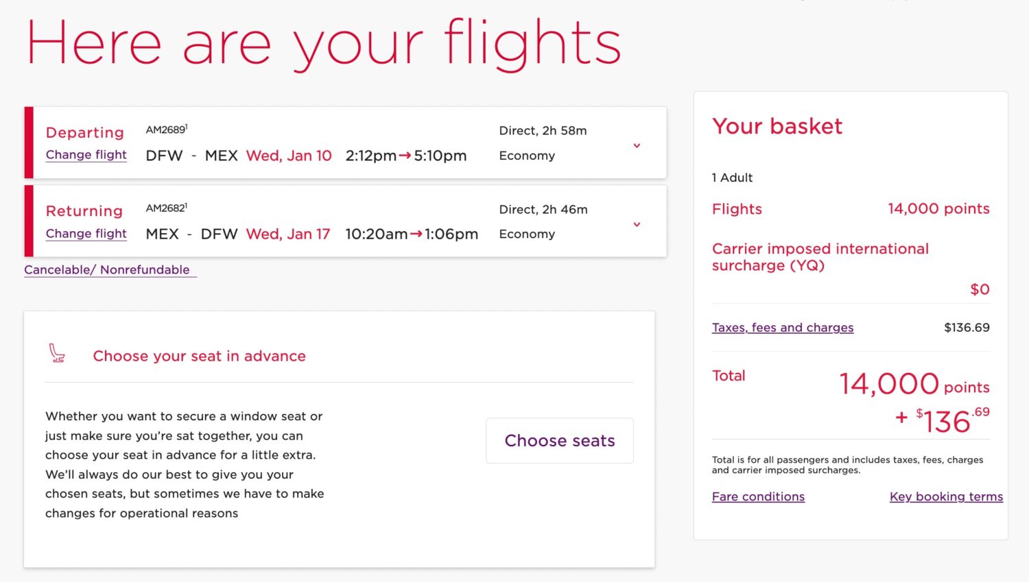 Aeromexico roundtrip flight form DFW to MEX booked with Virgin Atlantic points