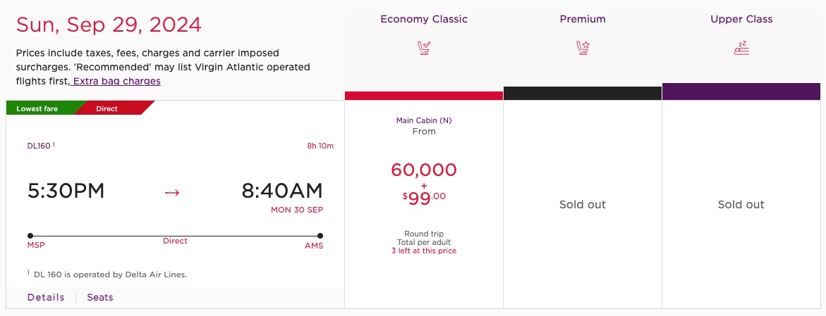 Delta economy booking MSP-AMS via Virgin