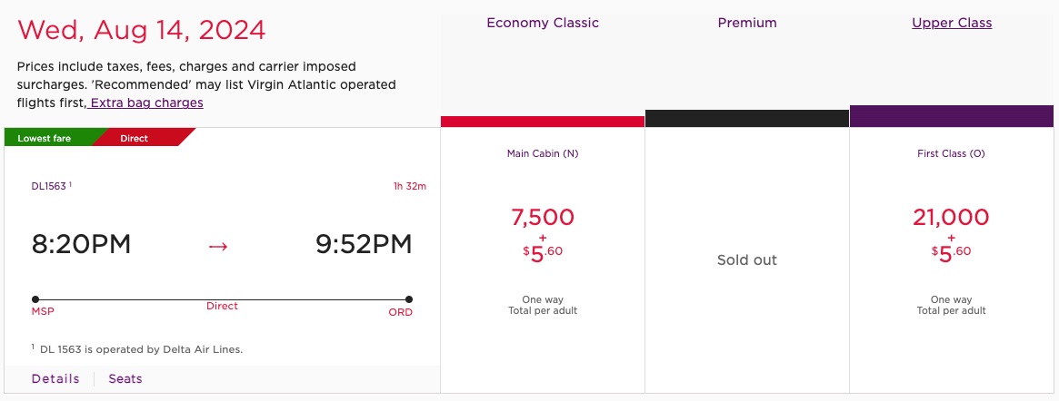 Delta Economy MSP-ORD via Virgin Atlantic