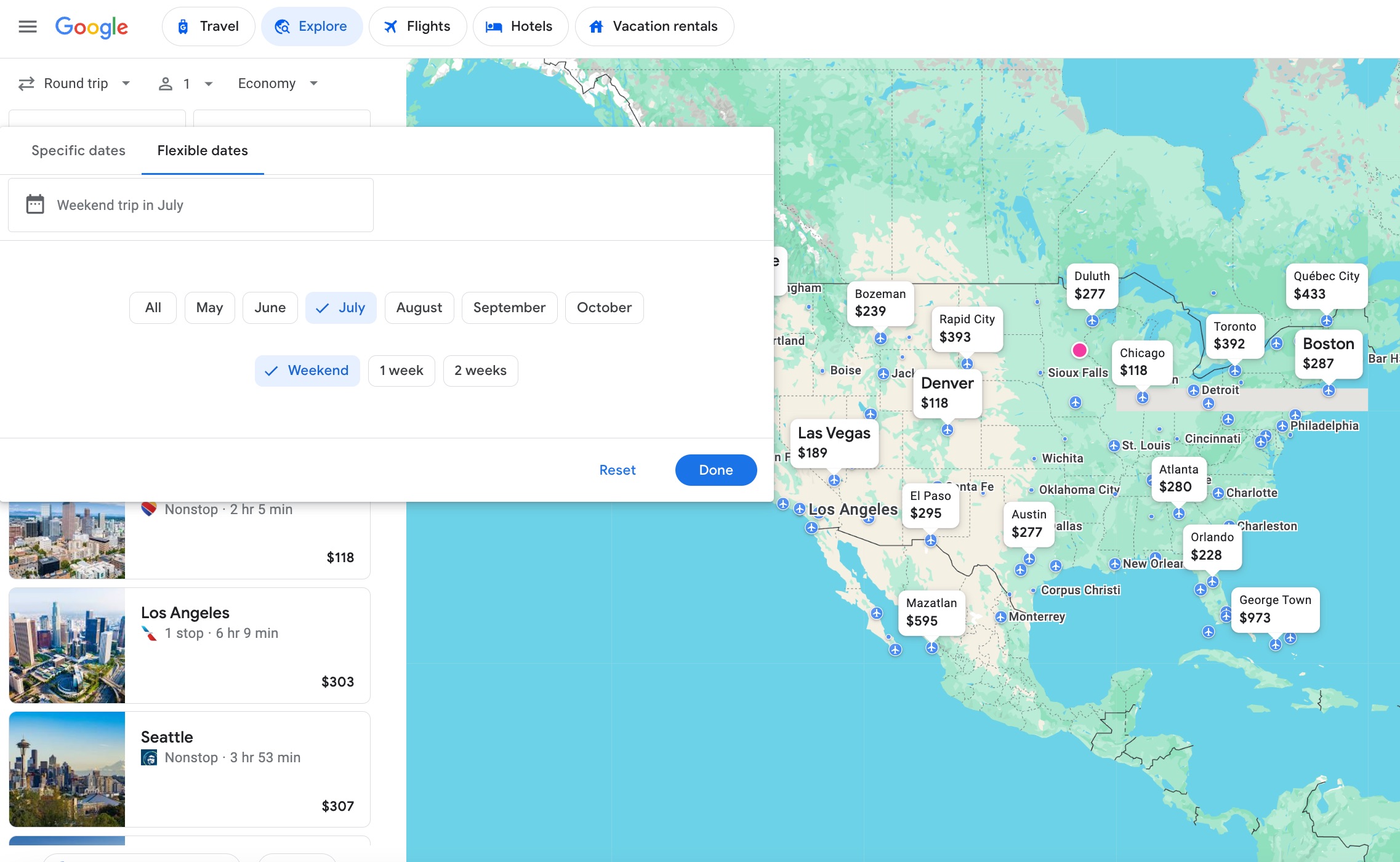 Google Flights Explore July Weekend