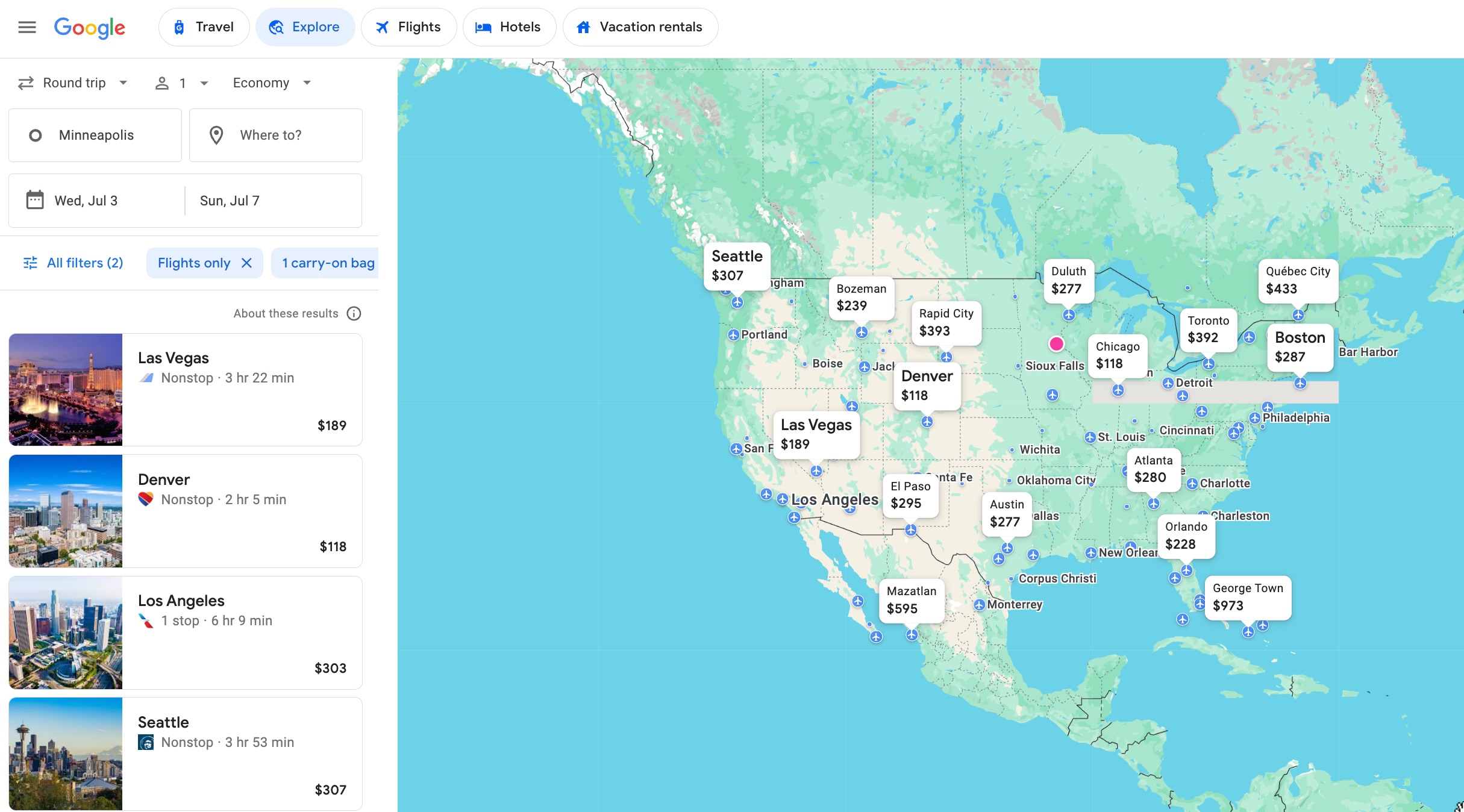 Google Flights Explore Minneapolis July