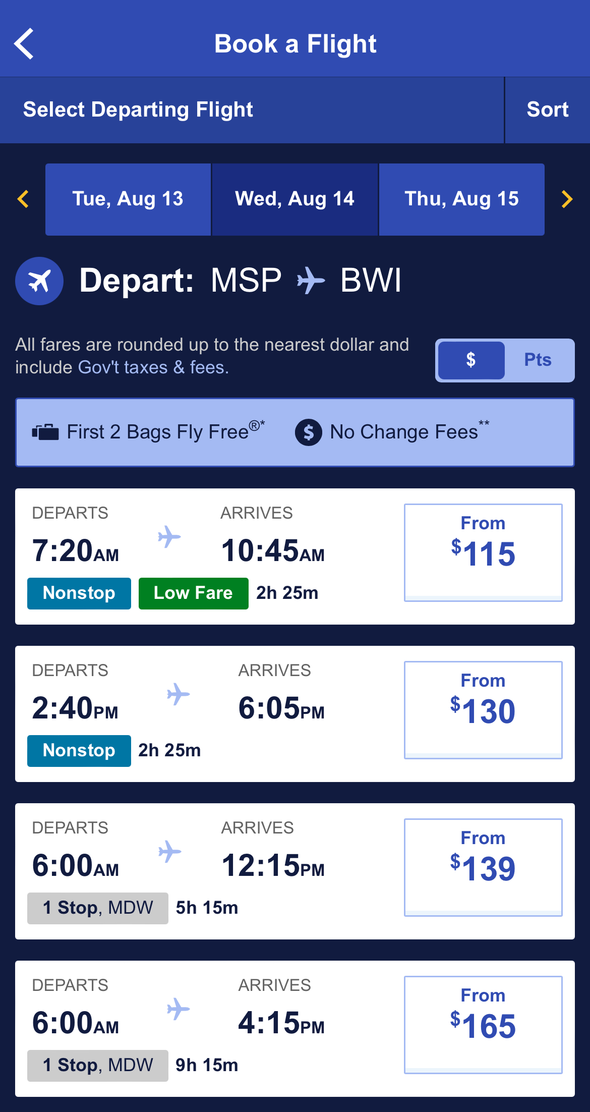 Southwest app search results