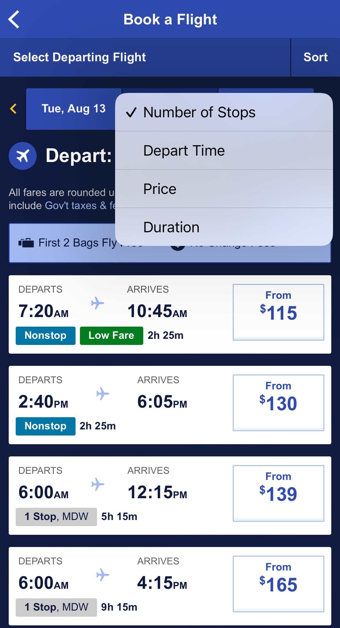 Southwest app search sorting