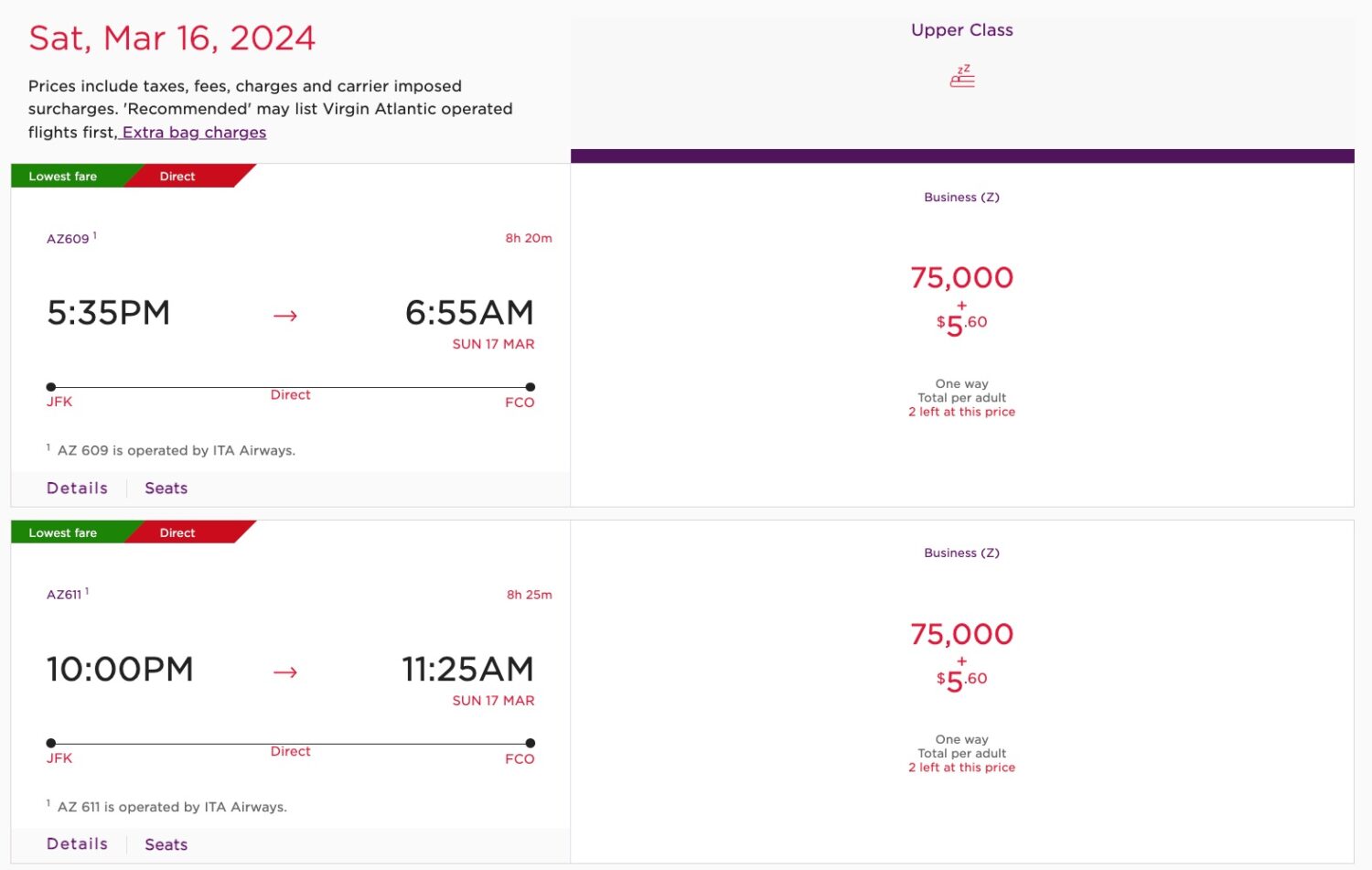 jfk to rome business class