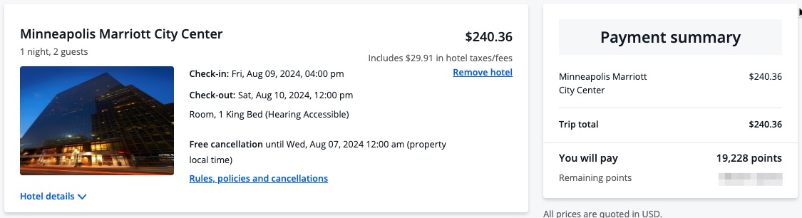 Minneapolis Marriott City Center Chase Travel booking