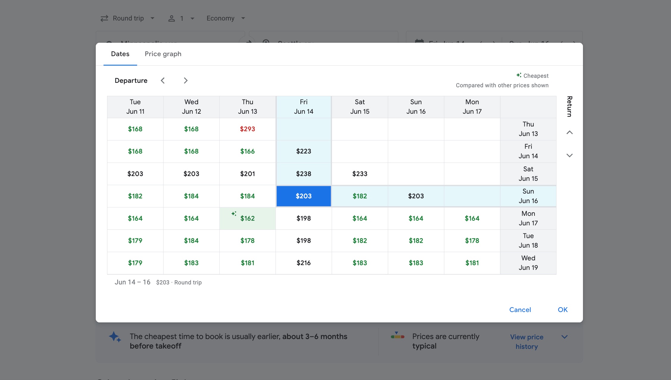 MSP-SEA Google Flights price calendar