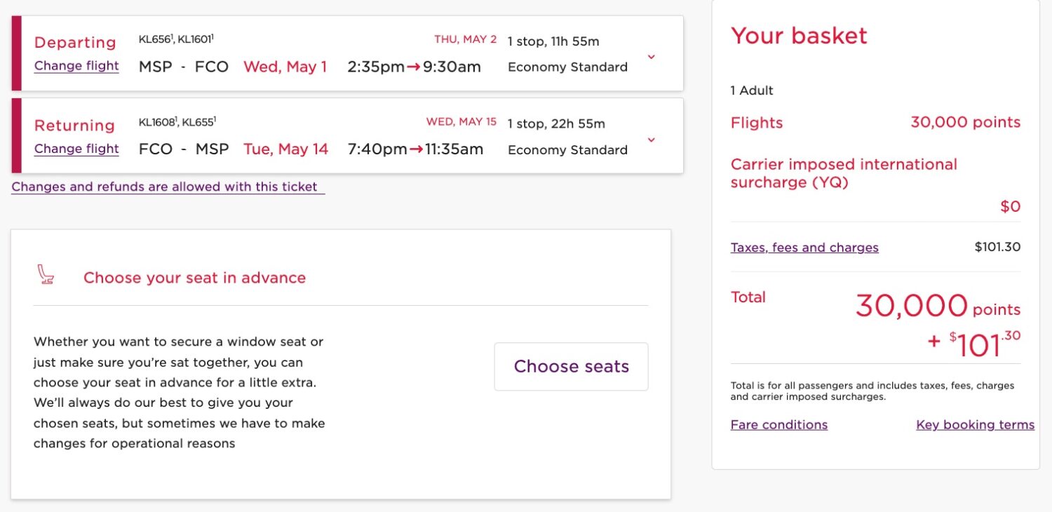virgin atlantic screenshot flying msp to rome
