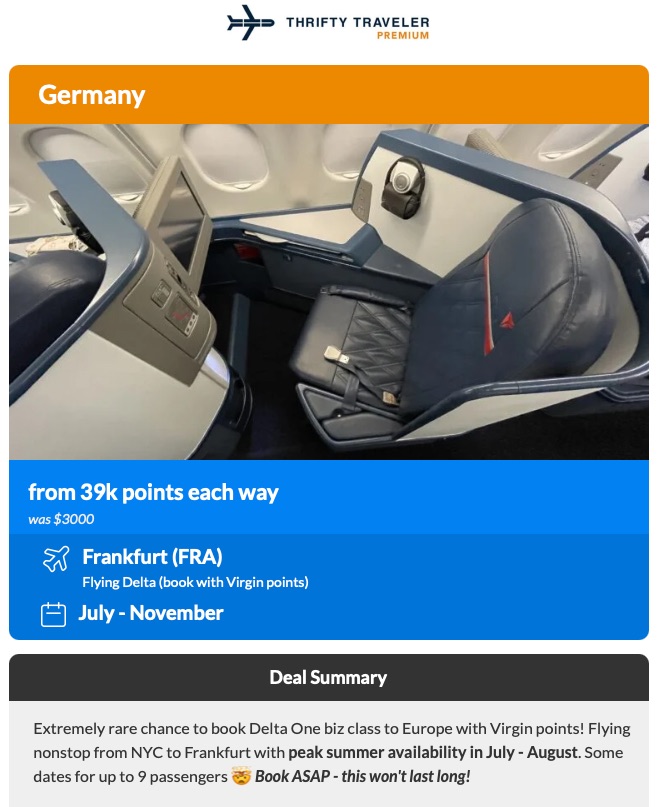 Thrifty Traveler Premium Alert from JFK-FRA in Delta One business class