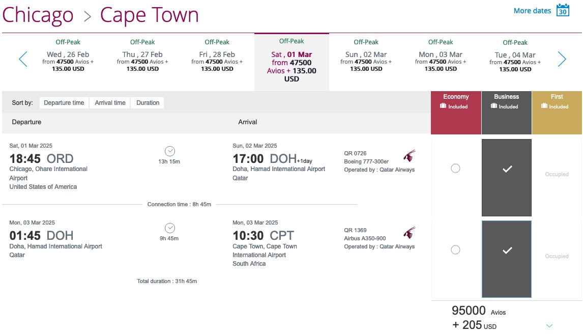 Qatar QSuites award flight ORD-CPT
