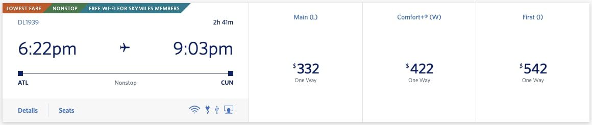 Delta ATL-CUN Main Cabin cash price 