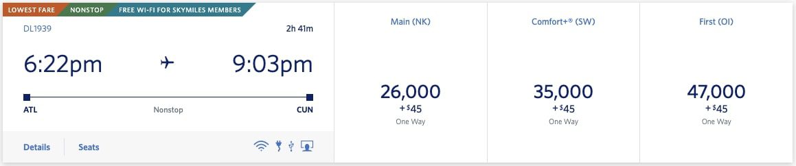 Delta ATL-CUN Main Cabin SkyMiles Award