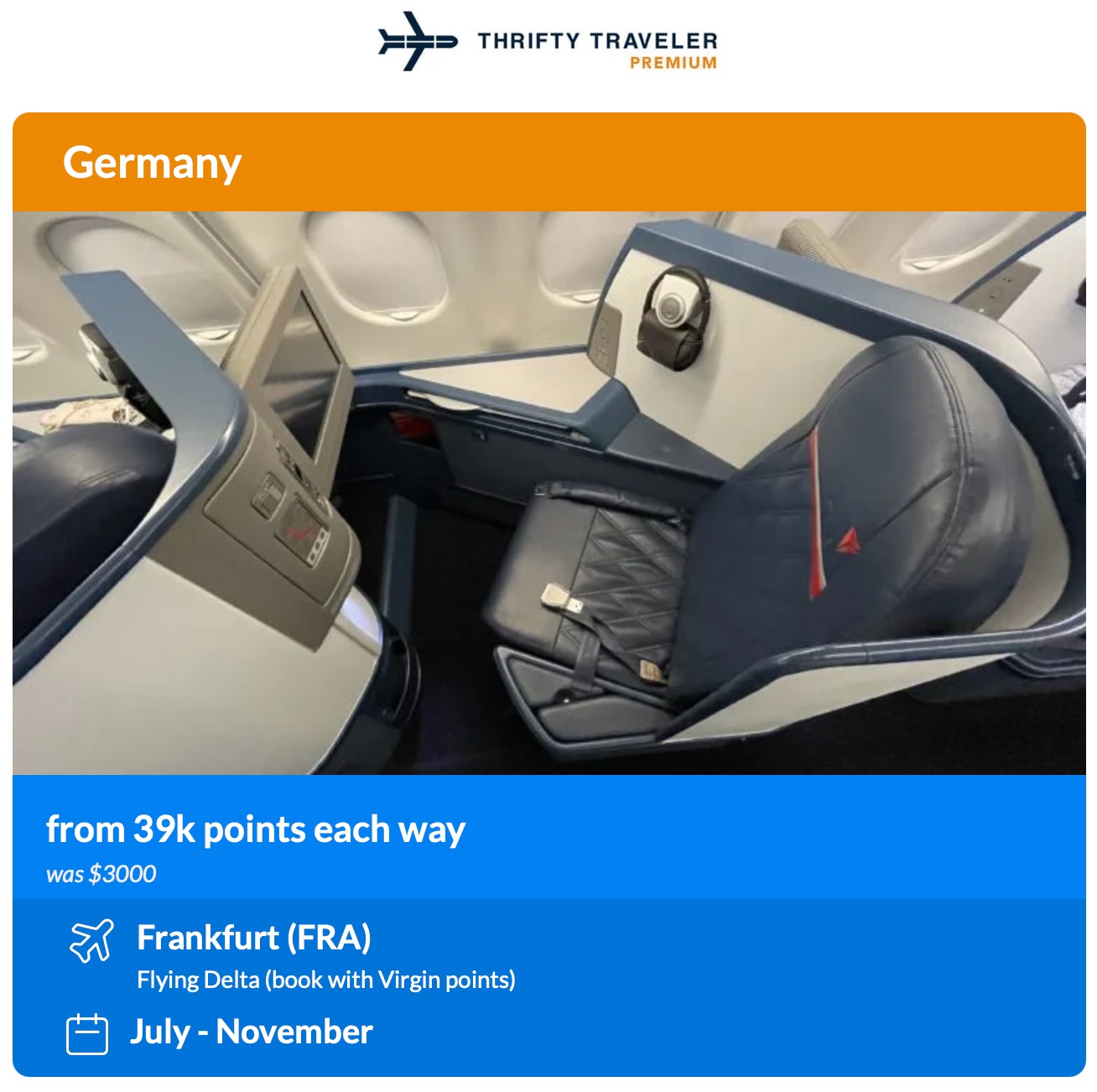 Thrifty Traveler premium alert for Delta One booking through Virgin Atlantic